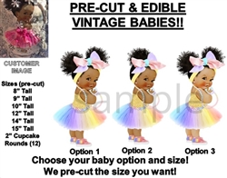 PRE-CUT Rainbow Tulle Party Dress Head Bow Baby Girl EDIBLE Cake Topper Image