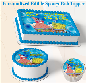 Personalized SpongeBob edible cake topper displayed on a sheet cake, round cake, and cupcake featuring custom birthday text and colorful SpongeBob characters.
