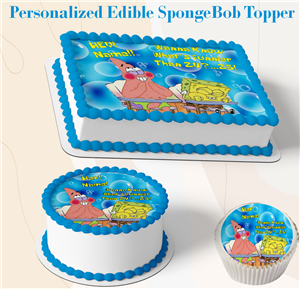 Personalized SpongeBob edible cake topper displayed on a sheet cake, round cake, and cupcake featuring custom birthday text and colorful SpongeBob characters.
