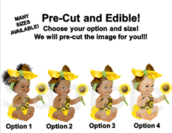Sitting Sunflower Girl Babies of Color EDIBLE Cake Topper or Cupcakes, Sunflower Baby Shower Cake, Yellow Brown Head Bow Sunflower