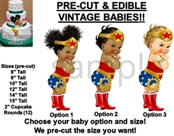 Pre-Cut Woman Superhero Red Boots Baby EDIBLE Cake Topper Image