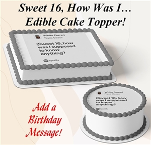 Sweet 16 personalized edible cake topper featuring a music-inspired design with a custom birthday message, displayed on sheet and round cakes