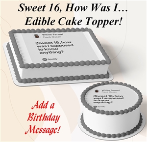 Sweet 16 personalized edible cake topper featuring a music-inspired design with a custom birthday message, displayed on sheet and round cakes