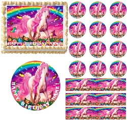 Rainbow UNICORN Butterflies Flowers Edible Cake Topper Image Frosting Sheet Cake