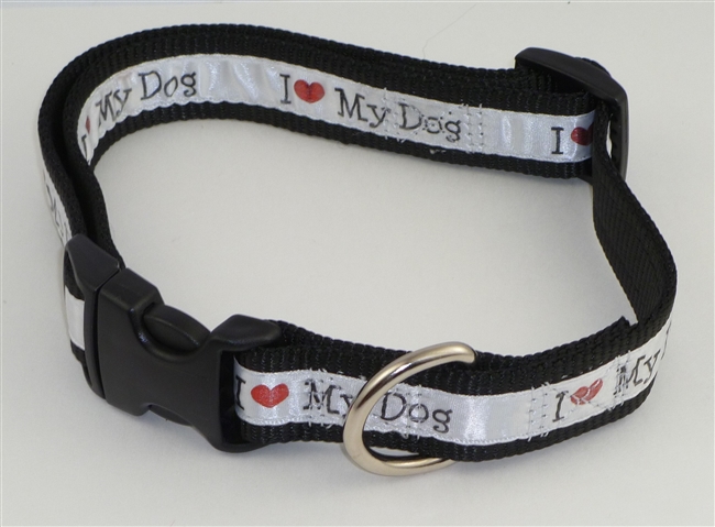1" Adj. Large (16.5"-25.5") Dog Collar Black W/ Love Dog Ribbon Overlay