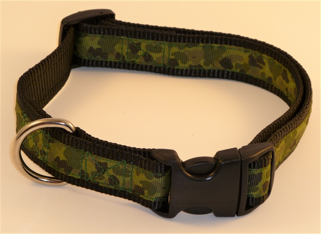 1" Adj. Large (16.5"-25.5") Dog Collar Black W/ Olive Camo Ribbon Overlay