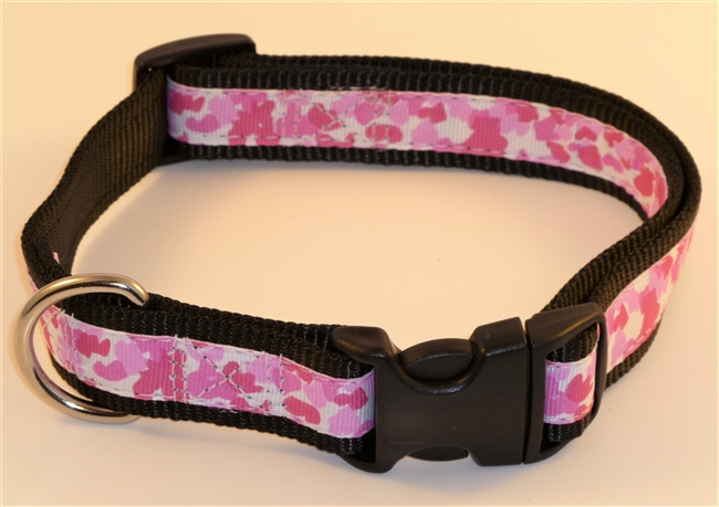 1" Adj. Large (16.5"-25.5") Dog Collar Black W/ Pink Ribbon Overlay