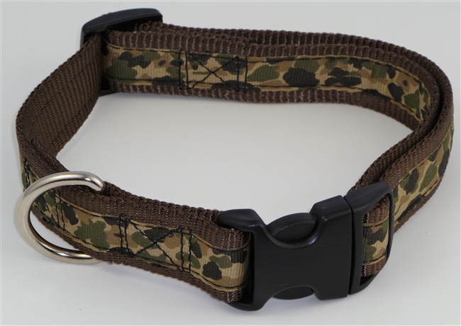 1" Adj. Large (16.5"-25.5") Dog Collar BROWN W/ Khaki Camo Ribbon Overlay