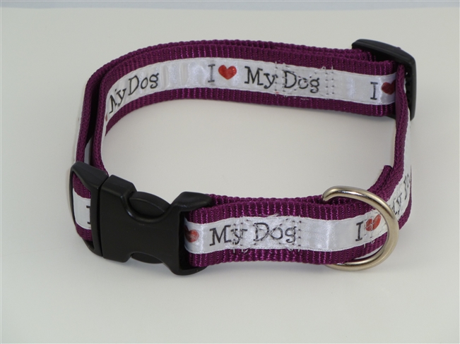 1" Adj. Large (16.5"-25.5") Dog Collar Burgundy W/ Love Dog Ribbon Overlay