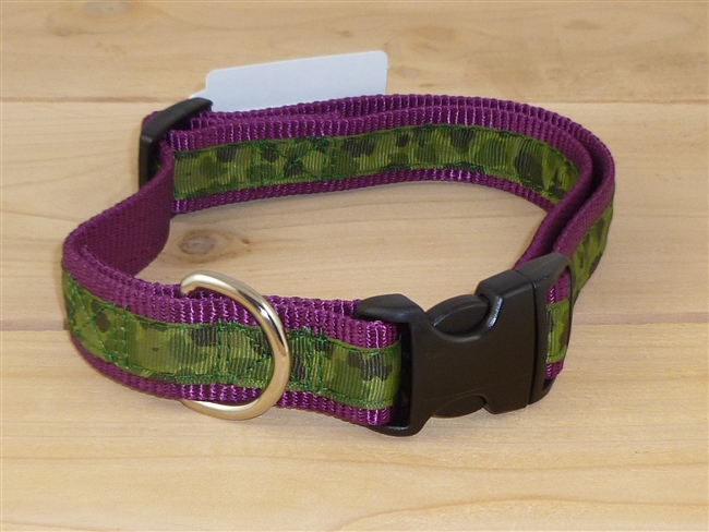 1" Adj. Large (16.5"-25.5") Dog Collar Burgundy W/ Olive Camo Ribbon Overlay