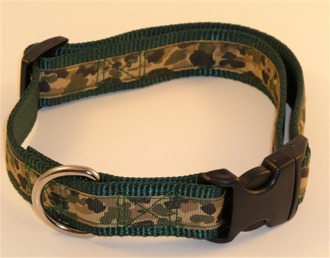 1" Adj. Large (16.5"-25.5") Dog Collar Dark Green W/ Khaki Camo Ribbon Overlay