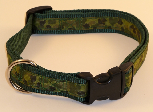 1" Adj. Large (16.5"-25.5") Dog Collar Dark Green W/ Camo Ribbon Overlay