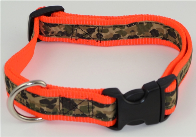 1" Adj. Large (16.5"-25.5") Dog Collar Neon Orange W/ Khaki Camo Ribbon Overlay