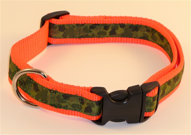 1" Adj. Large (16.5"-25.5") Dog Collar Neon Orange W/ Olive Camo Ribbon Overlay