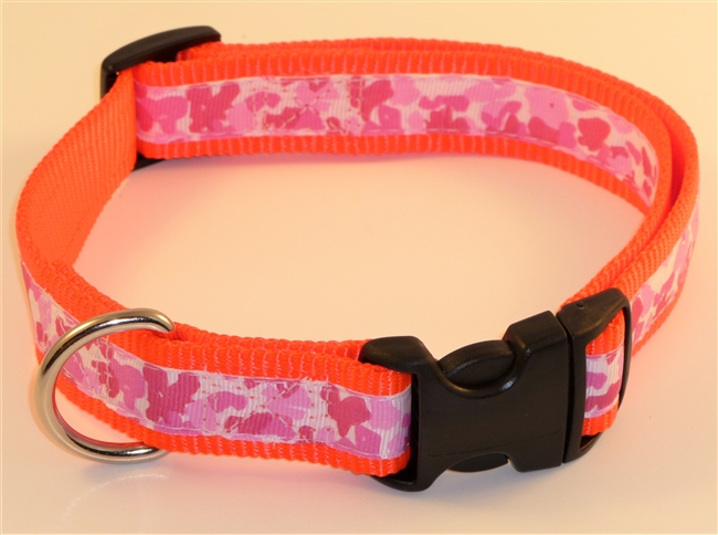 1" Adj. Large (16.5"-25.5") Dog Collar Neon Orange W/ Pink Ribbon Overlay