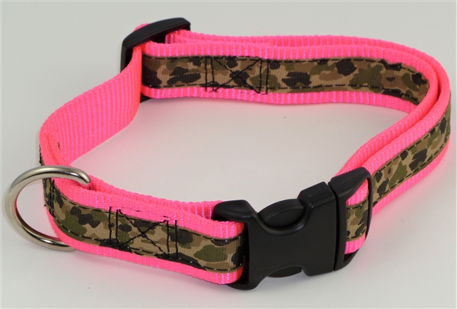 1" Adj. Large (16.5"-25.5") Dog Collar Neon Pink W/ Khaki Camo Ribbon Overlay