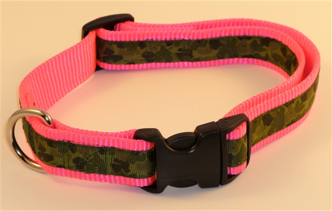 1" Adj. Large (16.5"-25.5") Dog Collar Neon Pink W/ Olive Camo Ribbon Overlay