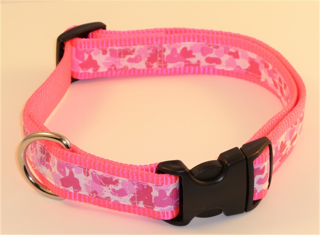 1" Adj. Large (16.5"-25.5") Dog Collar Neon Pink W/ Pink Ribbon Overlay