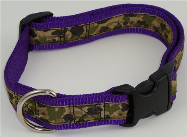 1" Adj. Large (16.5"-25.5") Dog Collar Purple W/ Khaki Camo Ribbon Overlay