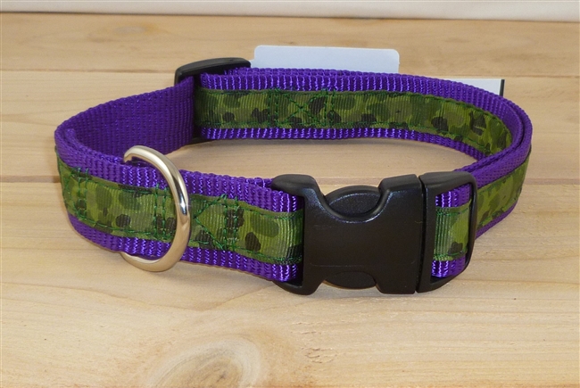 1" Adj. Large (16.5"-25.5") Dog Collar Purple W/ Olive Camo Ribbon Overlay