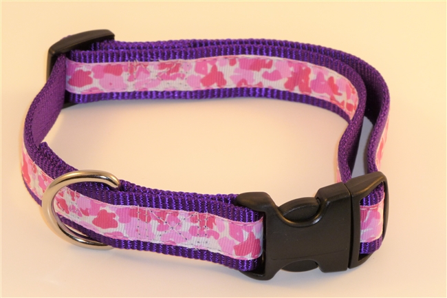 1" Adj. Large (16.5"-25.5") Dog Collar Purple W/ Pink Ribbon Overlay