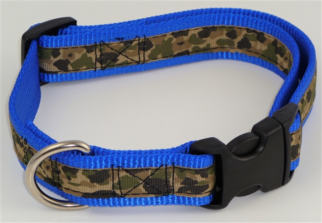 1" Adj. Large (16.5"-25.5") Dog Collar Royal Blue W/ Khaki Camo Ribbon Overlay