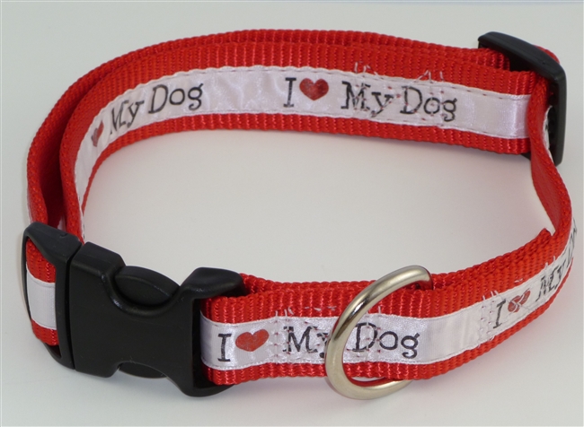 1" Adj. Large (16.5"-25.5") Dog Collar Red W/ Love Dog Ribbon Overlay