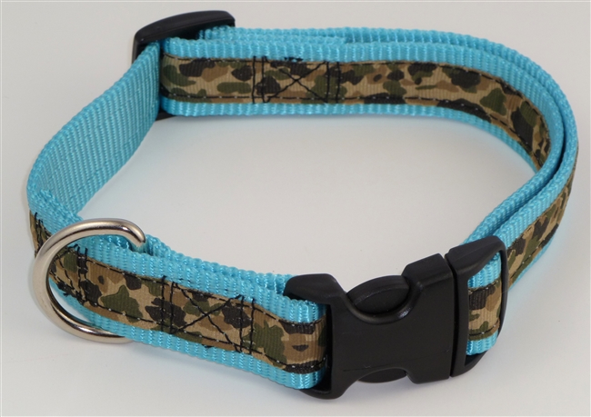 1" Adj. Large (16.5"-25.5") Dog Collar Turquoise W/ Khaki Camo Ribbon Overlay