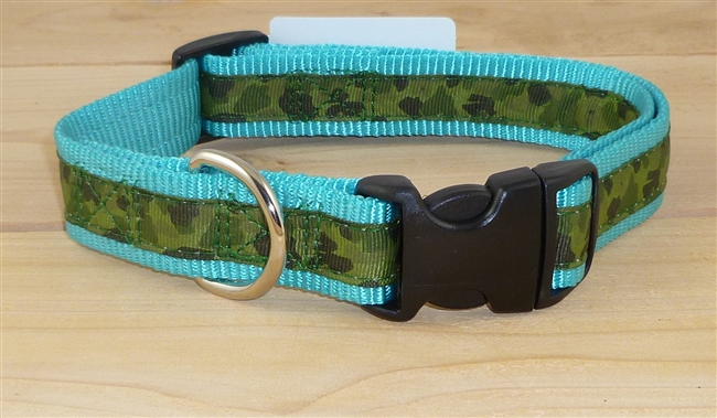 1" Adj. Large (16.5"-25.5") Dog Collar TURQUOISE W/ Olive Camo Ribbon Overlay