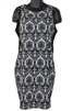 Black and cream print plus size lady's dress, a crew neckline and a full back zipper