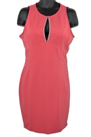 Salmon plus size dress with high round neck, 
embellished split chest opening and a back zipper.