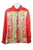 Red and gold design collar women's blouse
with buttons