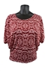 Crew neck plus size top, maroon and pink pattern with mid length sleeves