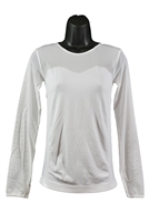 Crew neck, mesh long sleeve lady's tops one size, in white or black.