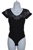 Lady's lace short sleeve bodysuit, in black and cream.