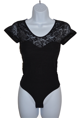 Lady's lace short sleeve bodysuit, in black and cream.