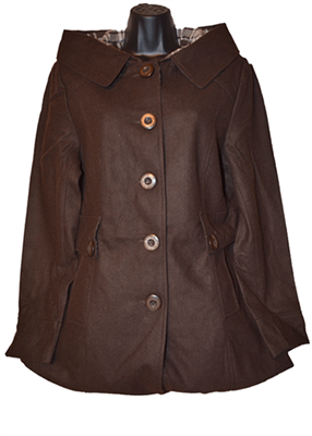 Plus size women's button wool brown hooded coat