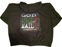 Olive; zip; two pocket screen print male hoodie. "God Loves Knee Mail"
