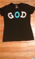Lady's GOD in glitter letters cotton crew neck tees