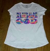 Tie dye My God Is An Awesome God maternity white tee.