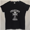 100%  cotton Christian Biker tees. Fitted lady's V neck tee, men's crew neck tee
