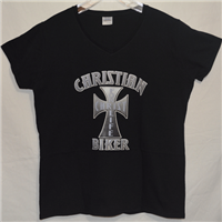 100%  cotton Christian Biker tees. Fitted lady's V neck, men's crew neck
