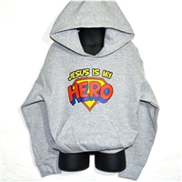 Kids Jesus Is My Hero unisex gray cotton blend kangaroo pocket hoodie.