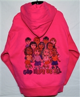 Kid's God Made Us All, cotton hoodie with kangaroo pockets in blue, gray and fuchsia