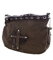 A brown massage bag with a stud design cross and Key