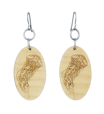 18g Earrings - Birch Wood - Oval Jellyfish