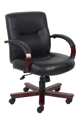 Boss Executive Leather Mid Back Chair W/ Mahogany Finished Wood