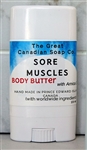 Sore Muscles Body Butter in an easy to apply, twist-from-the-bottom dispenser.