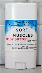 Sore Muscles Body Butter in an easy to apply, twist-from-the-bottom dispenser.