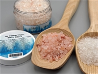 Bottle of SM Peppermint Bath Salts 120ml with essential oils blend for muscle relaxation.